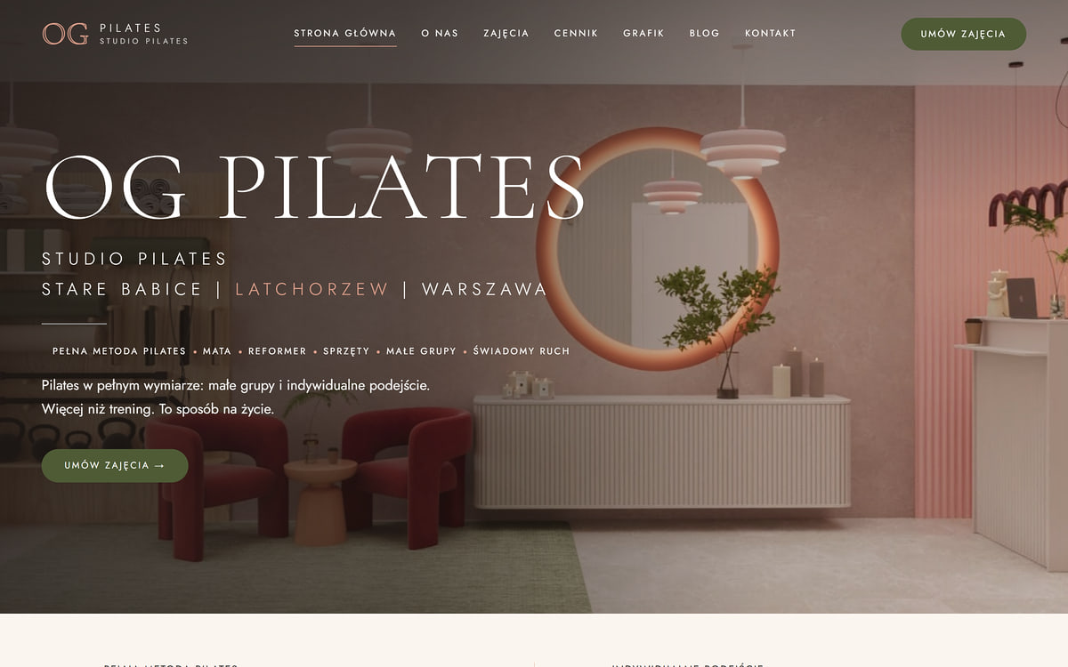 Screenshot strony OG Pilates - Studio Pilates Reformer