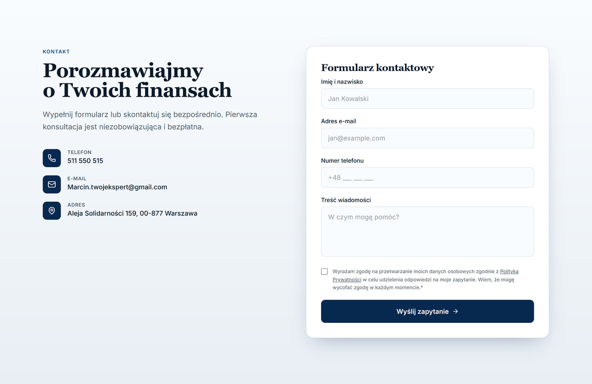 Sekcja kontaktu na stronie doradcy kredytowego z danymi kontaktowymi i formularzem zapytania