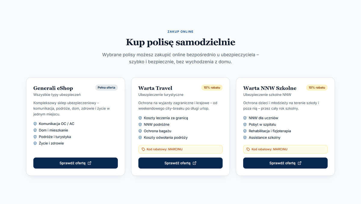Sekcja Kup polisę samodzielnie z reflinkami: Generali eShop, Warta Travel i Warta NNW Szkolne z kodem rabatowym MARCINU