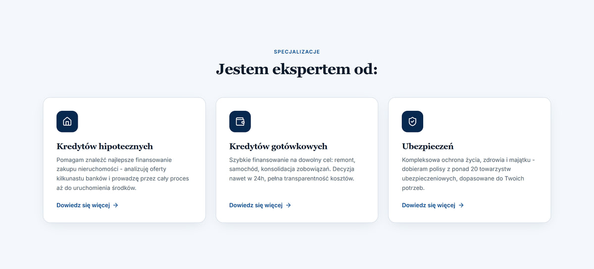 Sekcja specjalizacji na stronie doradcy kredytowego: kredyty hipoteczne, kredyty gotówkowe, ubezpieczenia