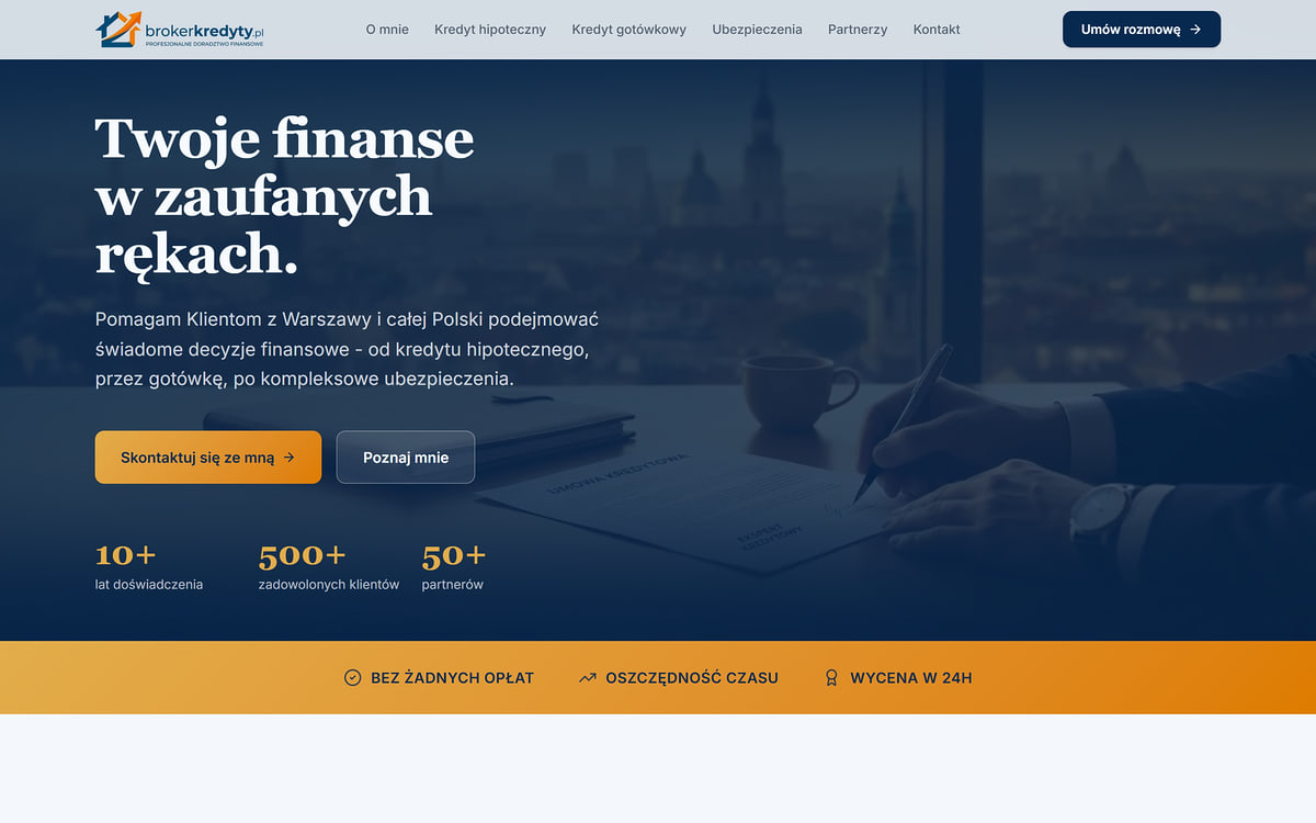 Strona dla doradcy kredytowego brokerkredyty.pl – pierwszy ekran z licznikami doświadczenia i przyciskiem kontaktu