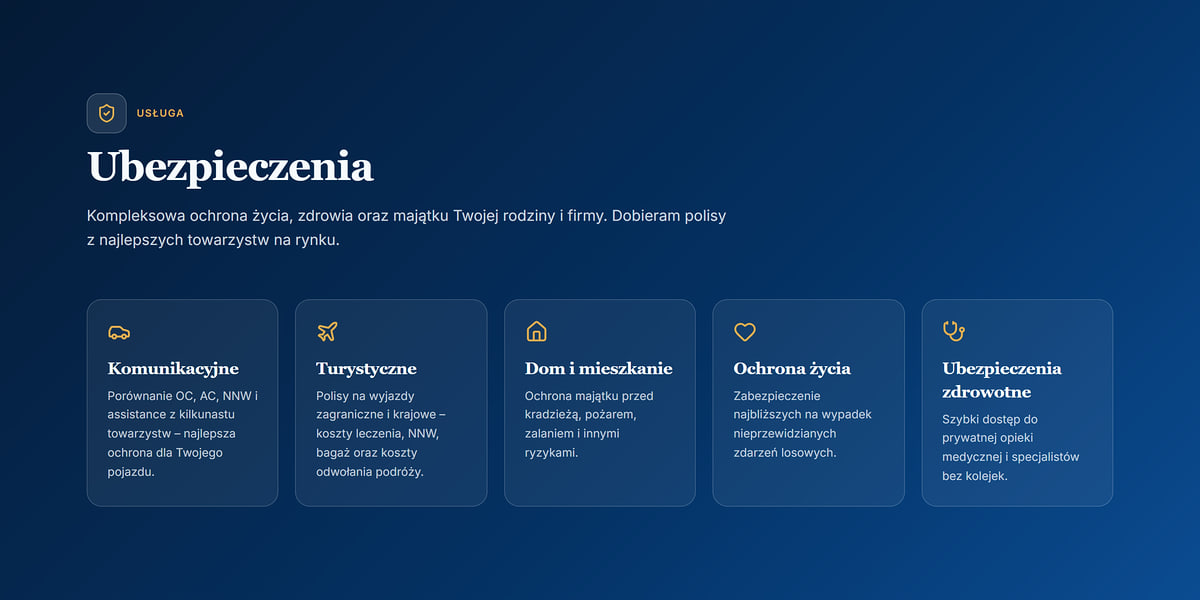 Podstrona Ubezpieczenia: komunikacyjne, turystyczne, dom i mieszkanie, ochrona życia, zdrowotne