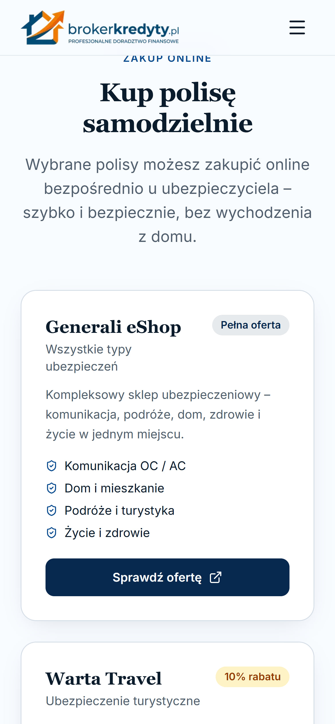 Reflinki do polis na telefonie – karta Generali eShop z przyciskiem Sprawdź ofertę
