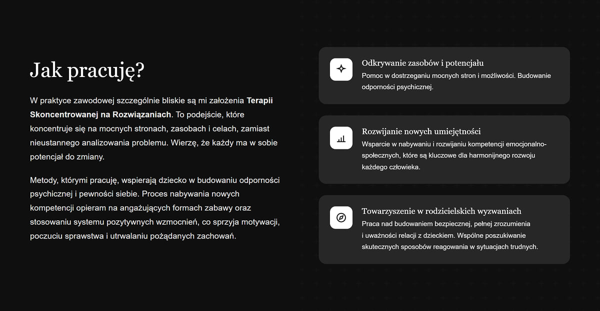 Sekcja Jak pracuję na stronie psychologa z opisem Terapii Skoncentrowanej na Rozwiązaniach