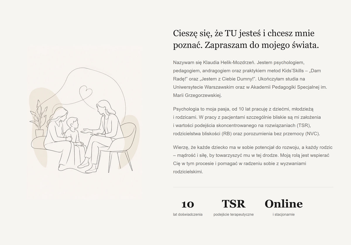 Sekcja O mnie na stronie psychologa z ilustracją i liczbami: 10 lat doświadczenia, TSR, online