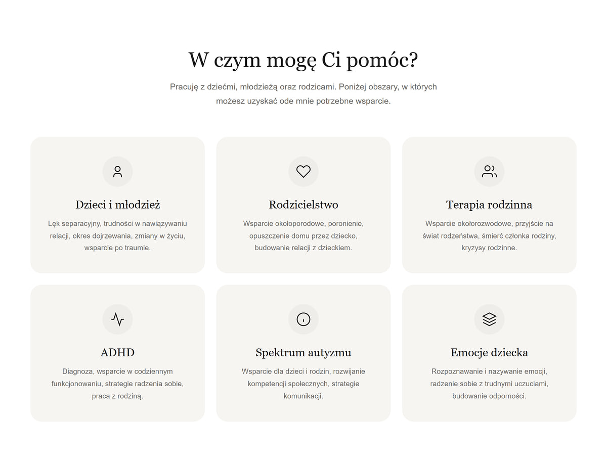 Sześć kart obszarów wsparcia psychologa: dzieci i młodzież, rodzicielstwo, terapia rodzinna, ADHD, spektrum autyzmu, emocje dziecka