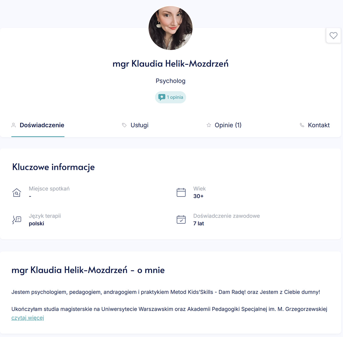 Profil psycholog Klaudii Helik-Mozdrzeń na TwojPsycholog.pl z zakładkami Doświadczenie, Usługi, Opinie i Kontakt