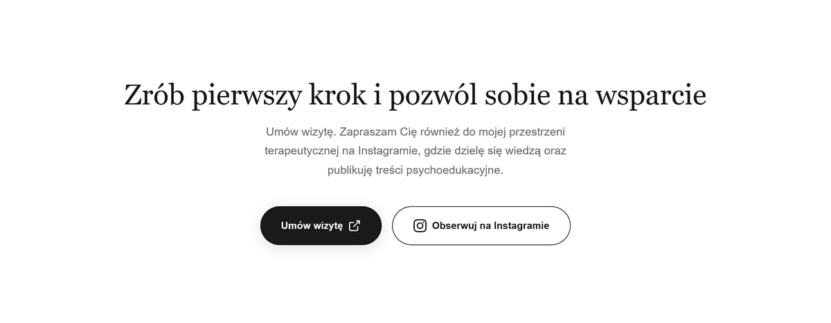Sekcja z przyciskami Umów wizytę i Obserwuj na Instagramie na stronie psychologa
