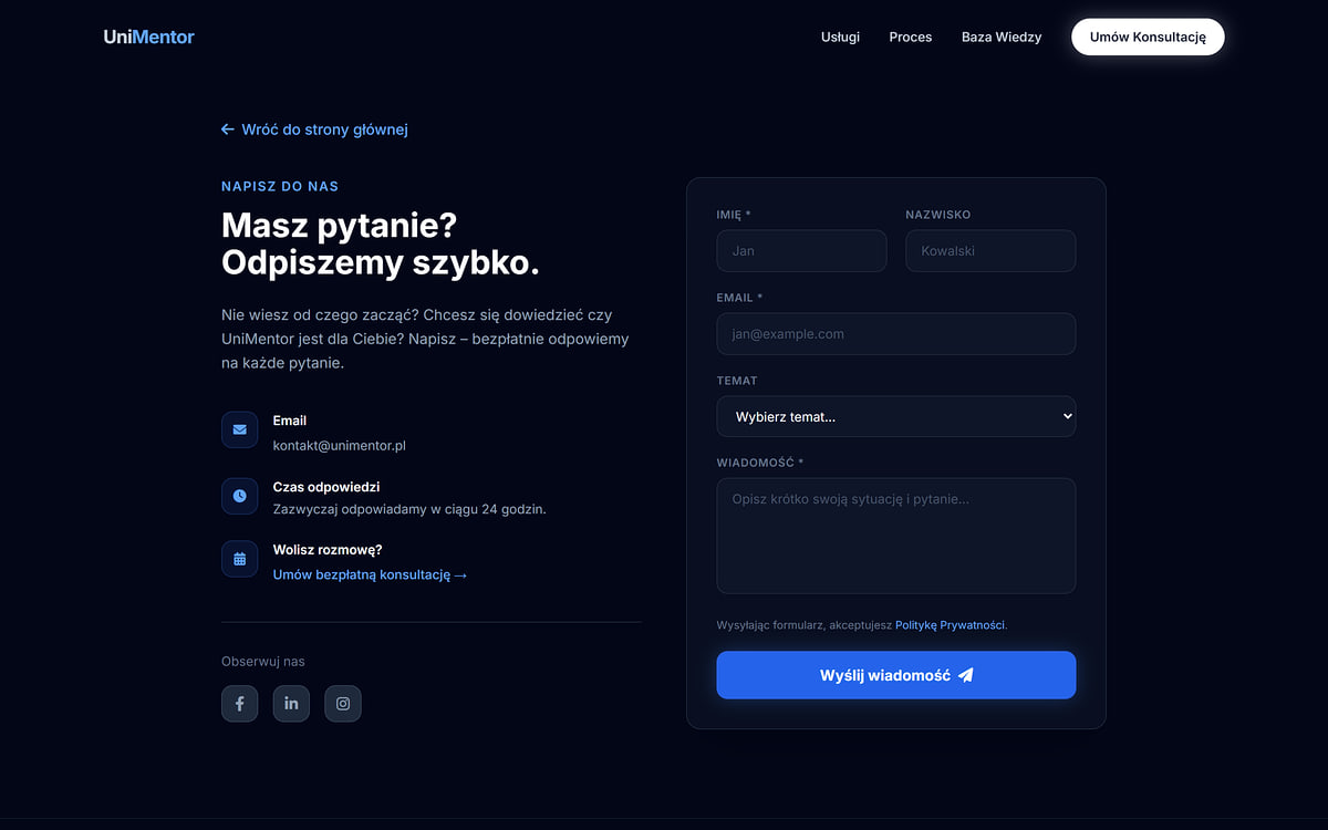 Strona kontaktu firmy szkoleniowej z formularzem, wyborem tematu i czasem odpowiedzi