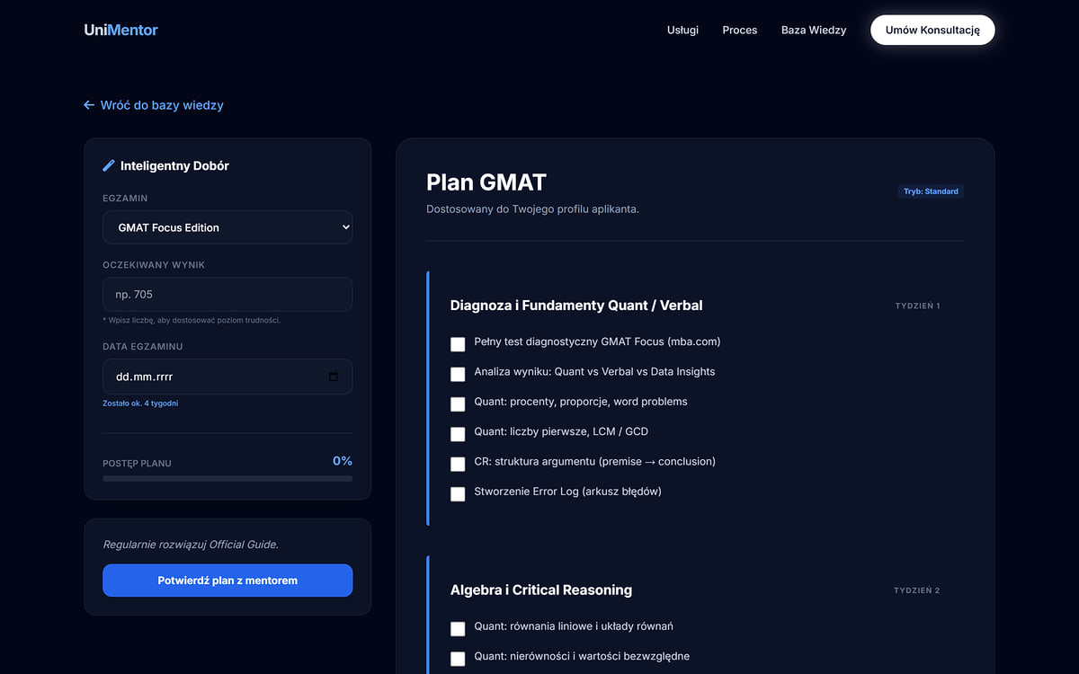 Interaktywny planer nauki do GMAT z wyborem egzaminu, wyniku i daty oraz planem tygodniowym