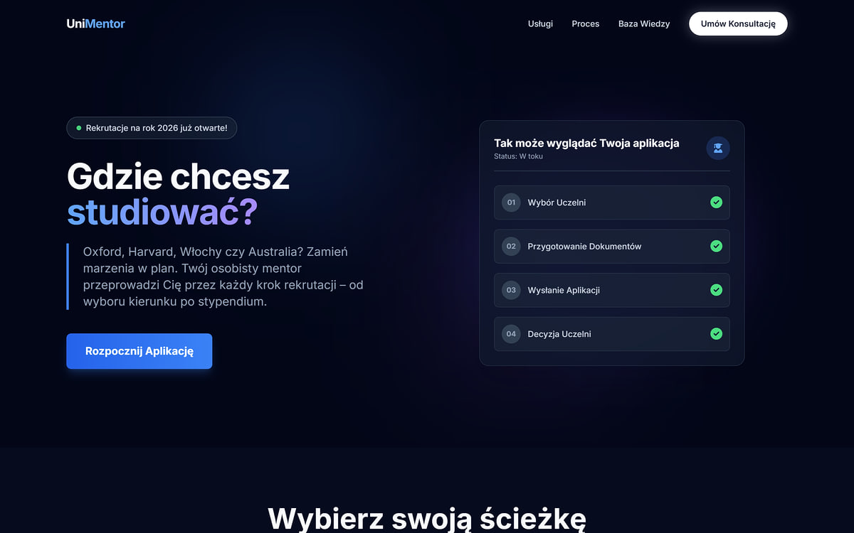 Strona internetowa dla firmy szkoleniowej unimentor.pl – pierwszy ekran z podglądem etapów aplikacji