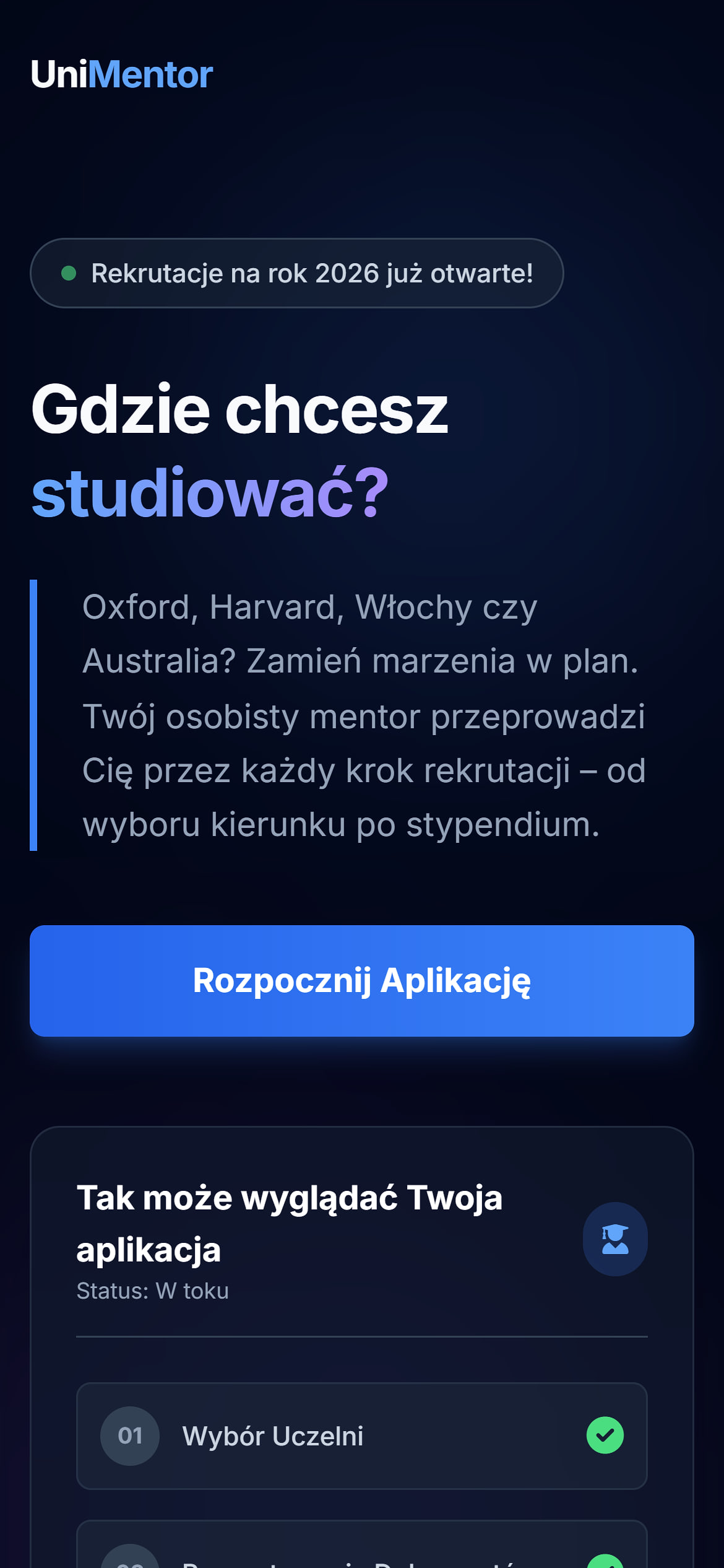 Strona internetowa firmy szkoleniowej na telefonie – nagłówek Gdzie chcesz studiować i przycisk Rozpocznij Aplikację