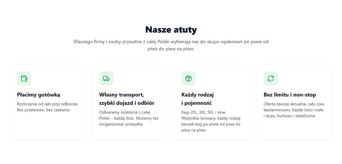 Sekcja Nasze atuty na stronie małej firmy: gotówka, własny transport, każdy rodzaj, bez limitu