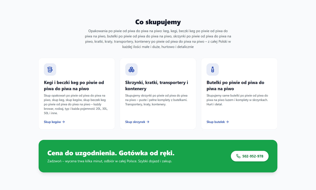 Sekcja oferty na stronie małej firmy: trzy karty usług i zielony pasek z numerem telefonu