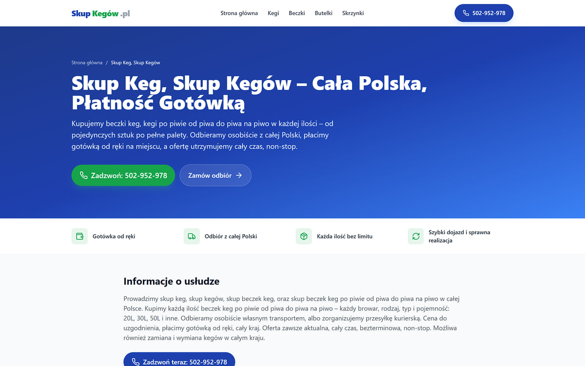 Strona internetowa dla małej firmy skupkegow.pl – podstrona usługi z przyciskami Zadzwoń i Zamów odbiór