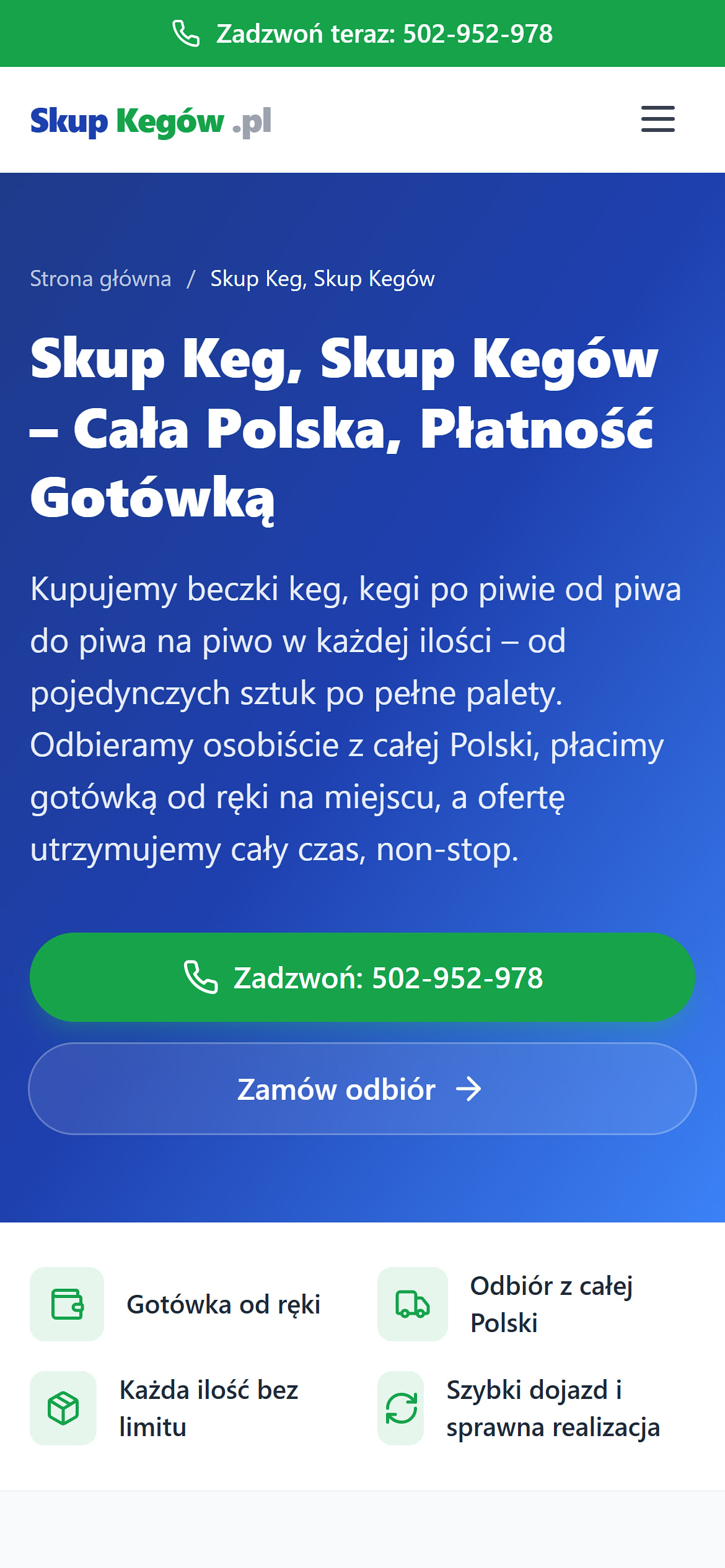Strona małej firmy na telefonie – zielony pasek Zadzwoń teraz i przycisk dzwonienia pod nagłówkiem