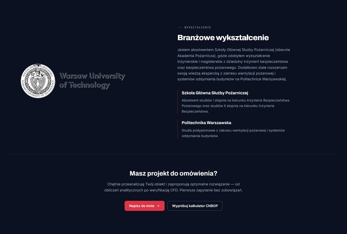 Sekcja wykształcenia z logo Politechniki Warszawskiej i wezwaniem do omówienia projektu