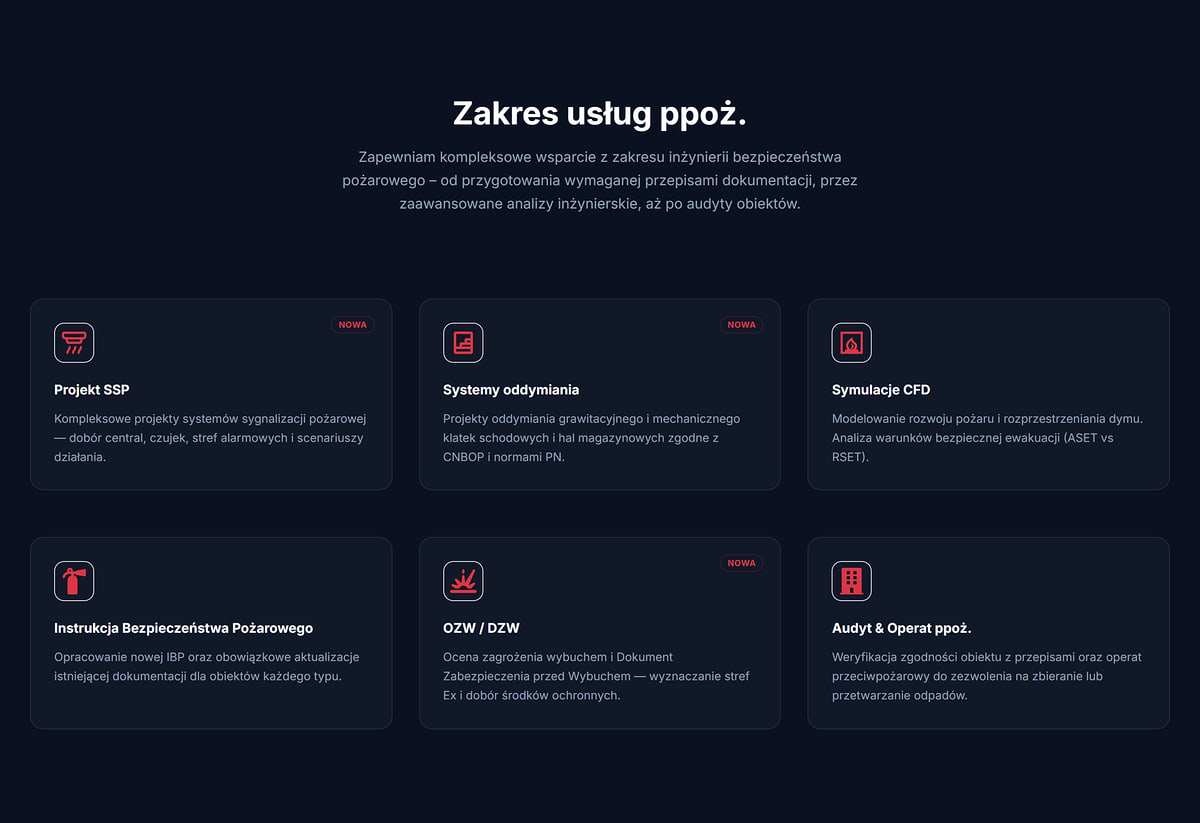 Zakres usług na stronie firmy z branży budowlanej: projekt SSP, systemy oddymiania, symulacje CFD, IBP, OZW, audyt ppoż.