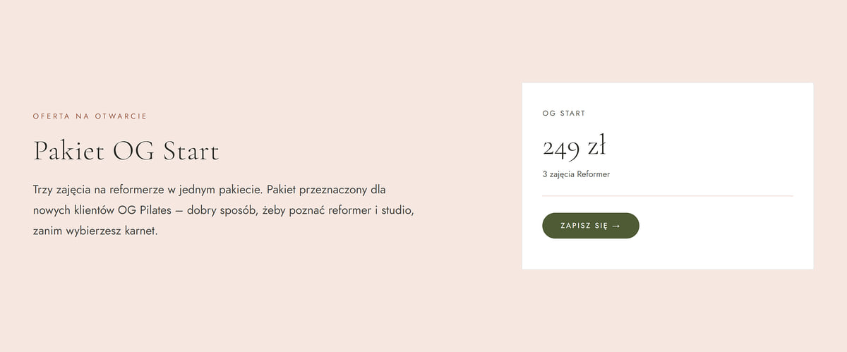 Pakiet OG Start: 3 zajęcia na reformerze za 249 zł z przyciskiem Zapisz się