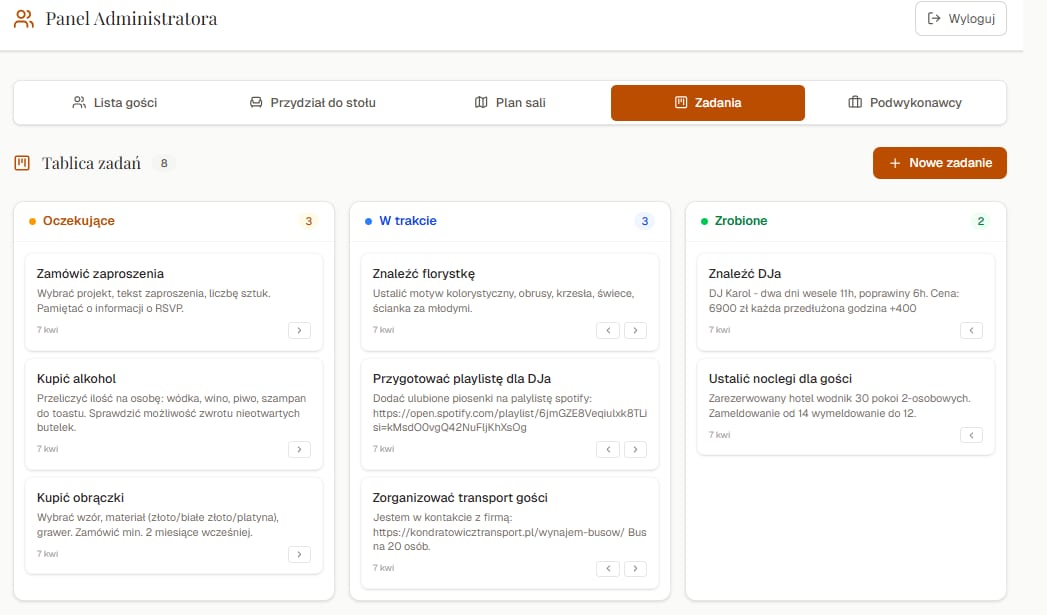 Panel administracyjny – tablica zadań w stylu Kanban z trzema kolumnami